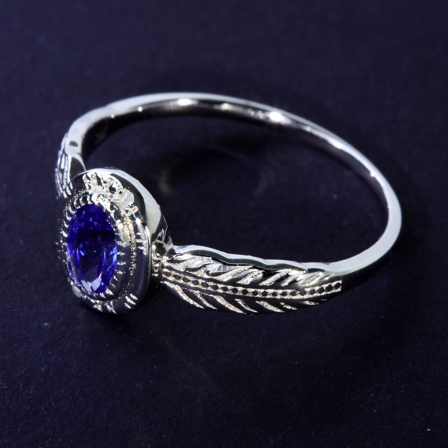 JLUXS Ladies White Gold Rhodium Over Sterling Silver Diamond & 1/2 Cts Genuine Tanzanite & Genuine Diamond Ring