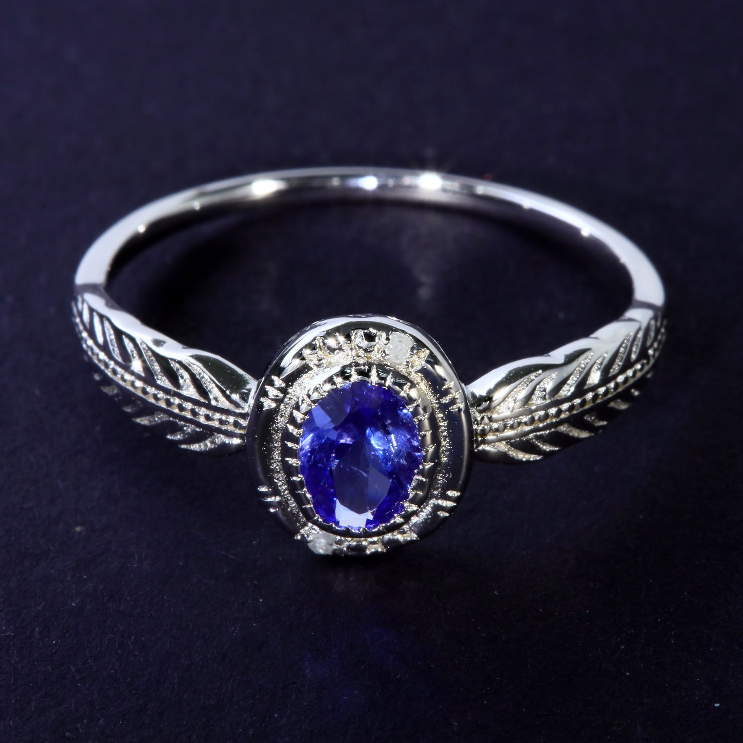 JLUXS Ladies White Gold Rhodium Over Sterling Silver Diamond & 1/2 Cts Genuine Tanzanite & Genuine Diamond Ring