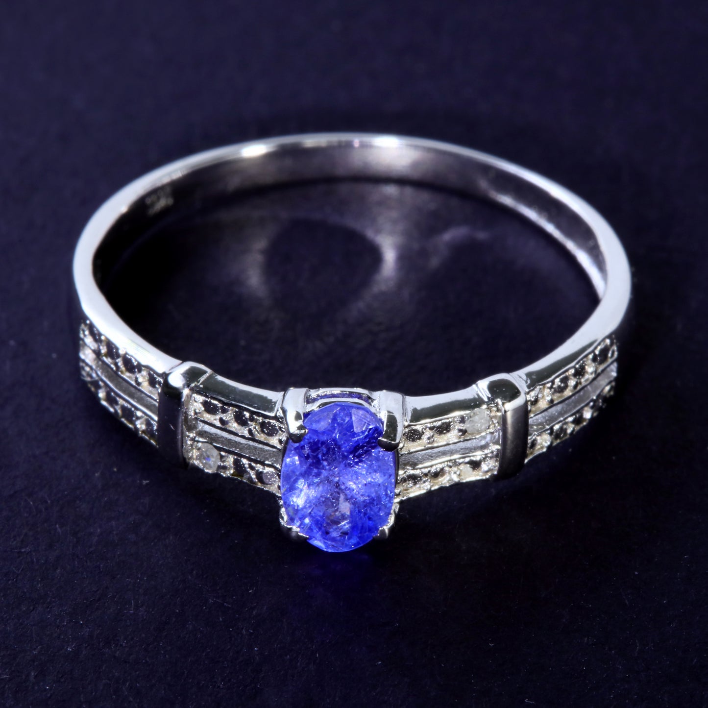 JLUXS Ladies White Gold Rhodium Over Sterling Silver Diamond & 1/2 Cts Tanzanite Ring
