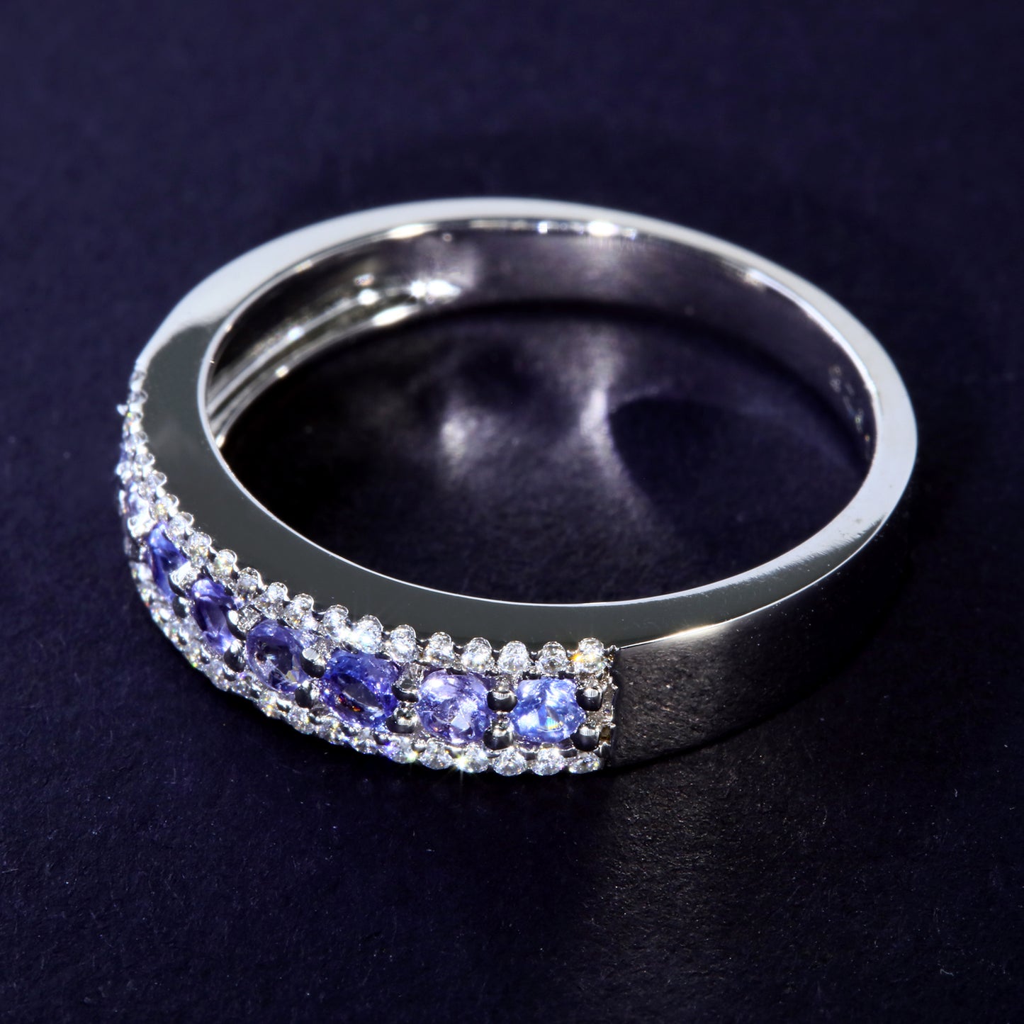 JLUXS Ladies White Gold Rhodium Over Sterling Silver 1/5 Cts Genuine Diamond & 1/2 Cts Tanzanite Band Ring
