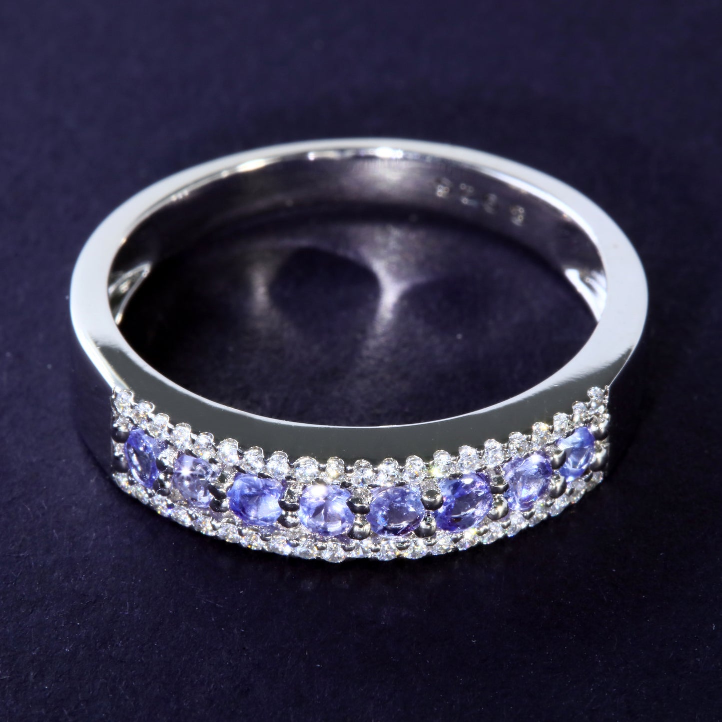 JLUXS Ladies White Gold Rhodium Over Sterling Silver 1/5 Cts Genuine Diamond & 1/2 Cts Tanzanite Band Ring