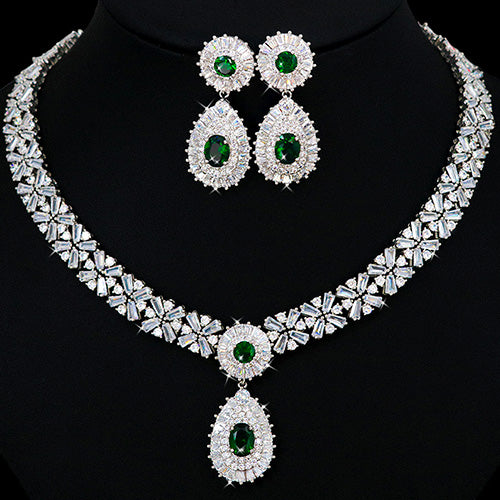 JLUXS Beautiful Ladies White Gold Rhodium Over Sterling Silver Created White Sapphire & Created Emerald Set