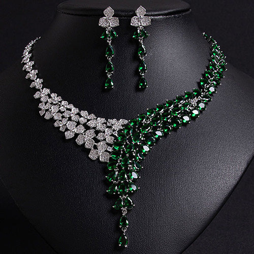 JLUXS Gorgeous Ladies White Gold Rhodium Over Sterling Silver Created White Sapphire & Created Emerald Set