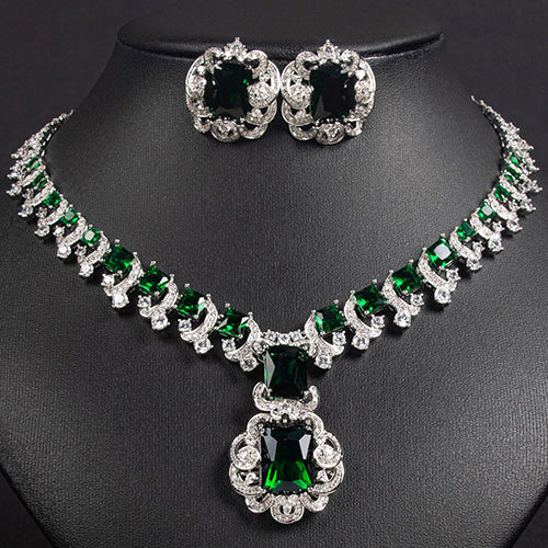 JLUXS Glamorous Ladies White Gold Rhodium Over Sterling Silver Created White Sapphire & Created Emerald Set