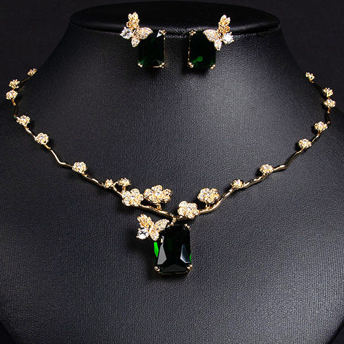 JLUXS Smashing Ladies Yellow Gold Rhodium Over Sterling Silver Created White Sapphire & Created Emerald Set