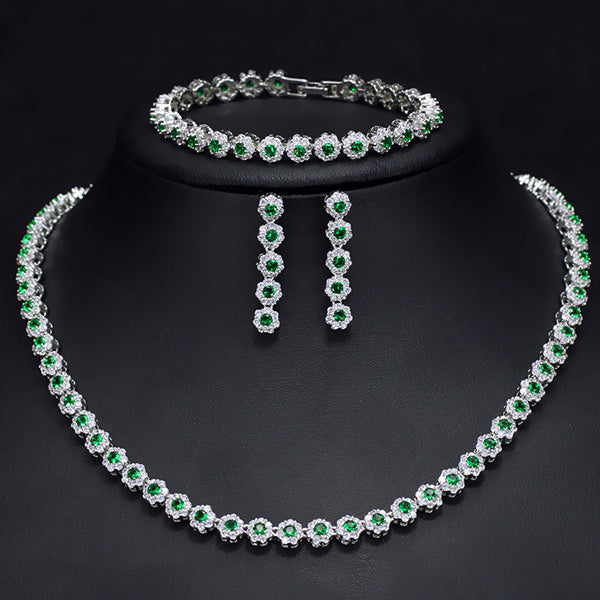 JLUXS Gorgeous Ladies White Gold Rhodium Over Sterling Silver Created White Sapphire & Created Emerald Set